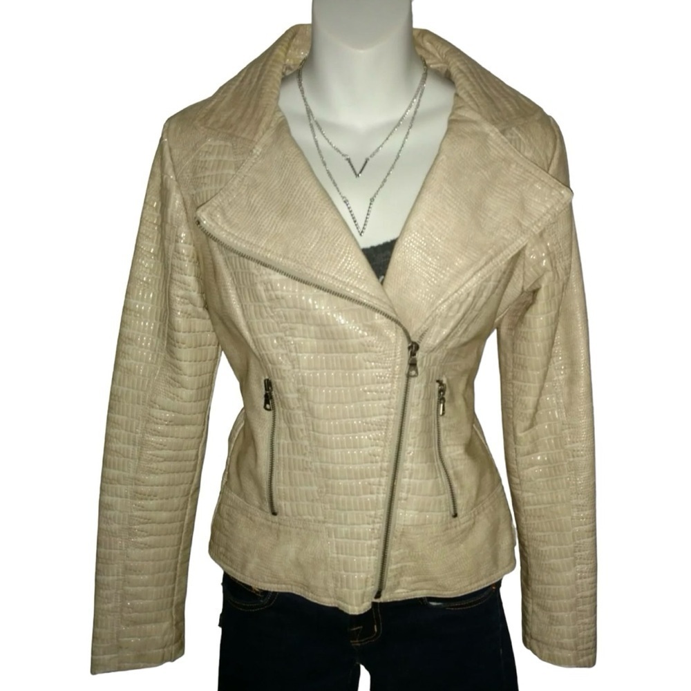 Guess Jacket Motorcycle Moto Embossed Animal Print Faux Leather Tan alt Grunge S